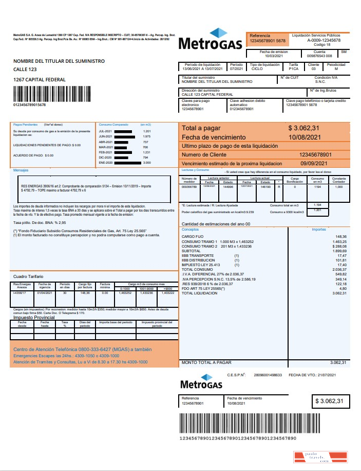 Argentina Metrogas easy to fill utility bill template in Word and PDF format